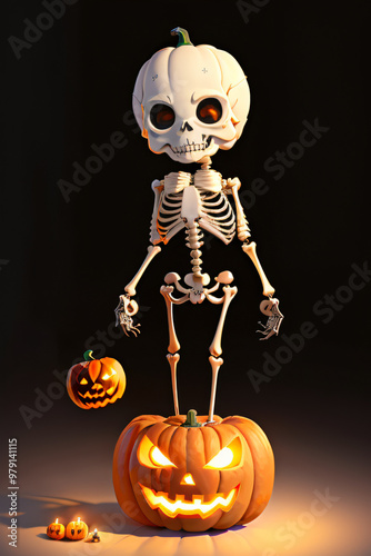 Chibi Skeleton Holding a Jack-o'-Lantern Full-Body Illustration photo