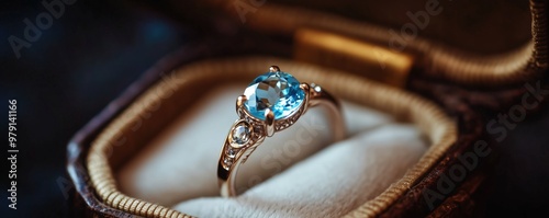 Aquamarine ring in antique jewelry box