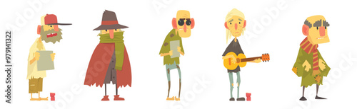 Homeless Man Beggar Characters in Rags Living on the Streets Vector Set