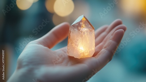 Glowing crystal in hand radiating soft light