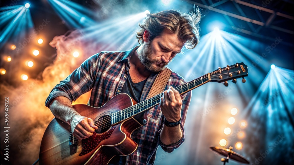 Obraz premium a portrait of a musician playing a guitar on a stage