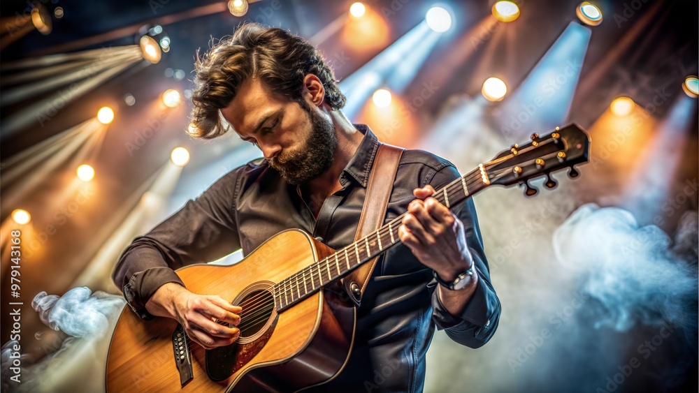Obraz premium a portrait of a musician playing a guitar on a stage