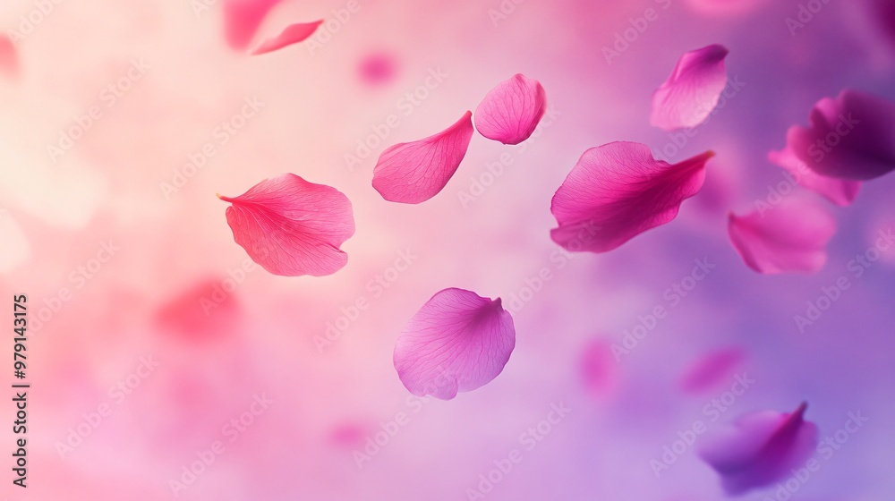Pink flower petals falling against a soft, blurred purple and pink background. Pink flower petals falling against a soft, blurred purple and pink background.