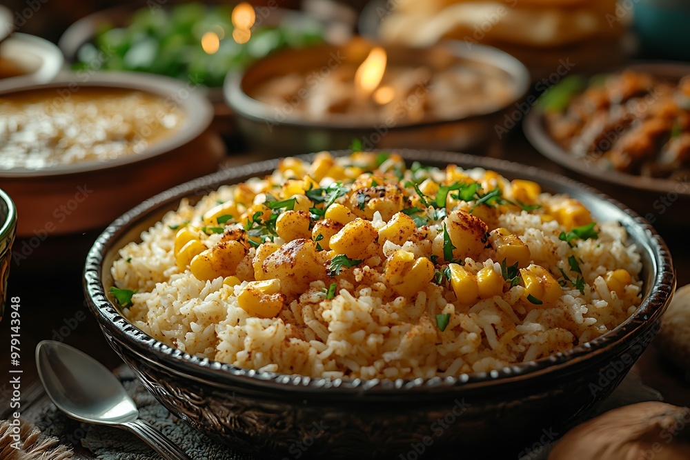 A warm and inviting bowl of corn rice, perfect for a delicious meal. A warm and inviting bowl of corn rice, perfect for a delicious meal.
