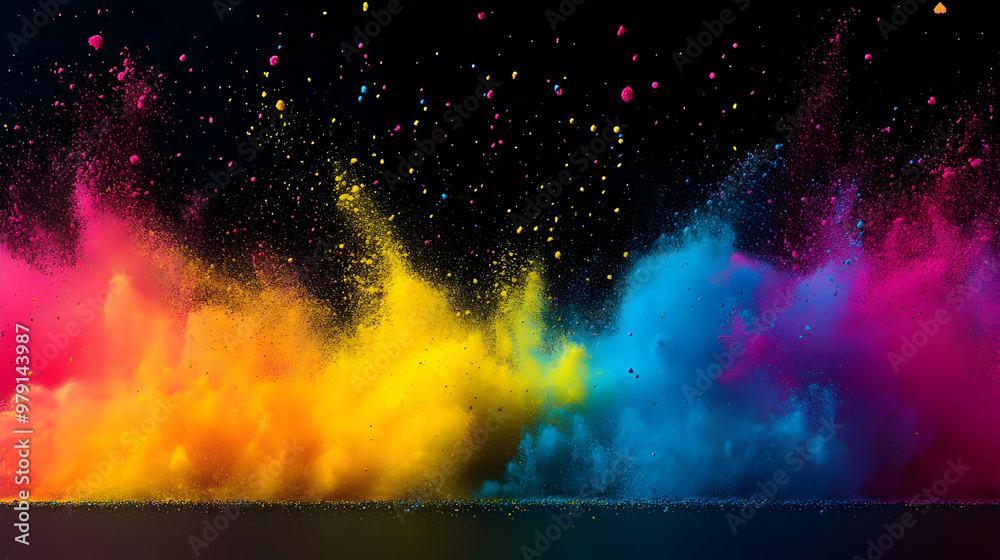 Fototapeta premium Abstract Colorful Powder Explosion with Black Background - A Dramatic and Artistic Representation of Color and Movement