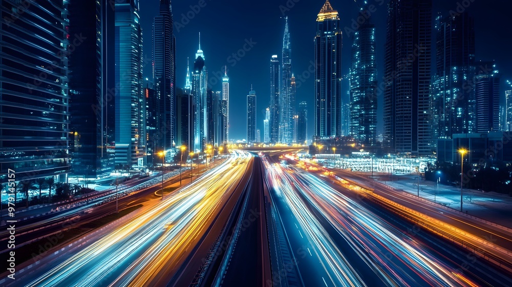 Naklejka premium Nighttime cityscape with light trails and skyscrapers.