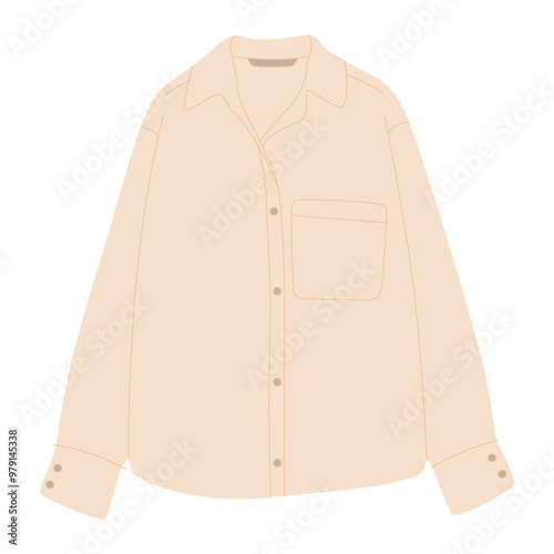 Modern casual blouse, women shirt. Stylish loose apparel, female garment. Top textile wearing with buttons, sleeves.