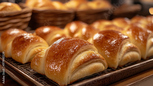 Close-up of freshly baked golden buns on a tray.