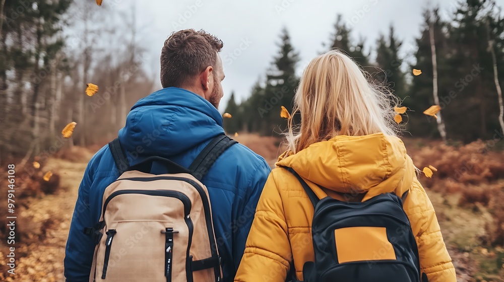 Couple in stylish coats walking through a vibrant autumn forest, with golden leaves falling around them. Couple in stylish coats walking through a vibrant autumn forest, with golden leaves falling around them.