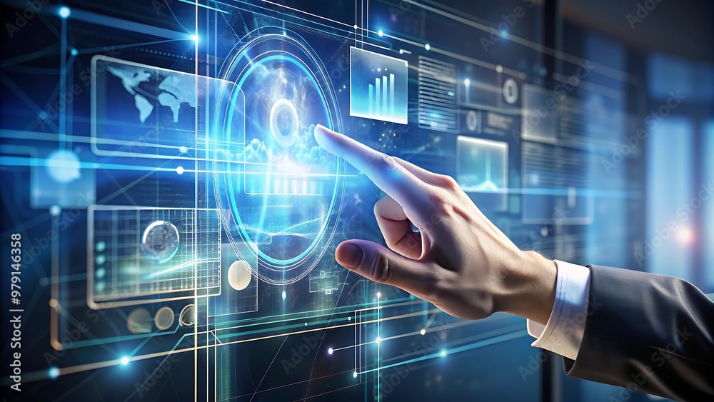 A hand interacting with a floating, translucent digital interface displaying futuristic data and holograms.
A hand interacting with a floating, translucent digital interface displaying futuristic data and holograms.
