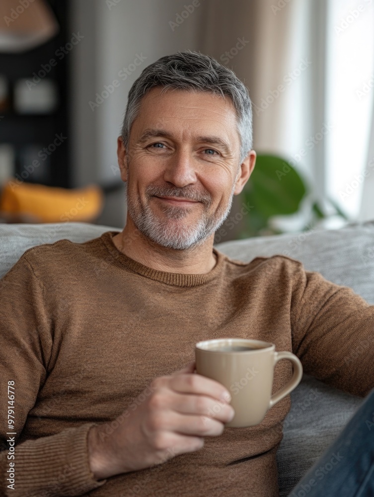 Grey-haired man in casual sweater sitting on couch holding coffee mug, smiling with hand resting on arm, suggesting warmth and relaxation, ideal for lifestyle, wellness, advertising. Grey-haired man in casual sweater sitting on couch holding coffee mug, smiling with hand resting on arm, suggesting warmth and relaxation, ideal for lifestyle, wellness, advertising.