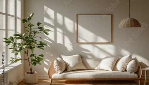 Minimalist living room interior with beige sofa, potted plant, and window, bathed in sunlight.
