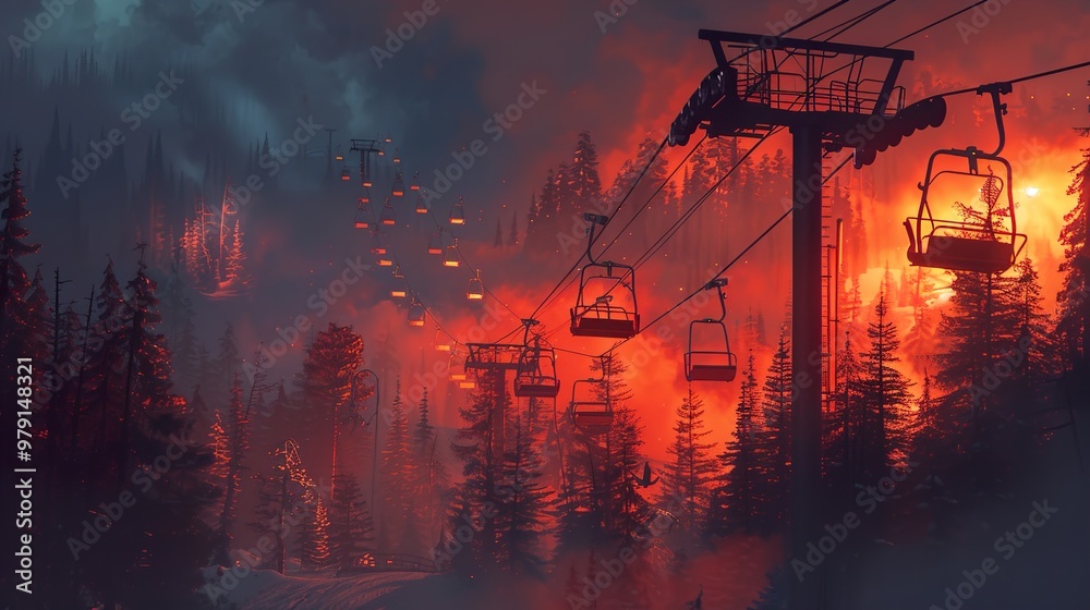 Sunset Over a Snowy Forest with a Chairlift Sunset Over a Snowy Forest with a Chairlift