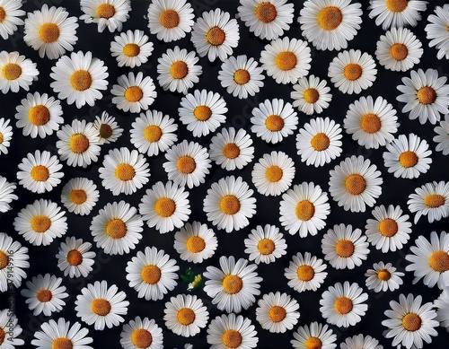 Pattern of small white daisies with yellow centers on a black background, designed for fabric.