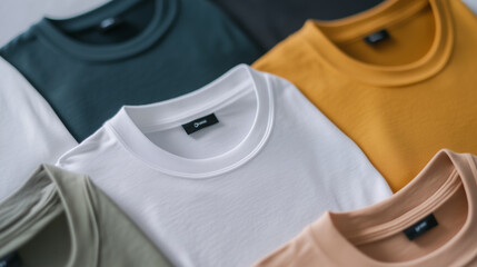 folded colorful t-shirt mockups in flat lay arrangement