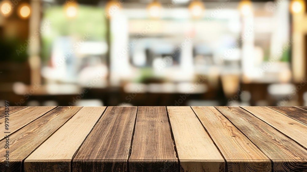 Wooden Tabletop with Blurred Cafe Background