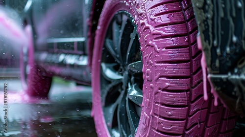 Pink tires are being wiped on a vehicle