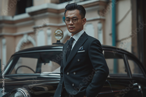 Man in suit and tie beside old car