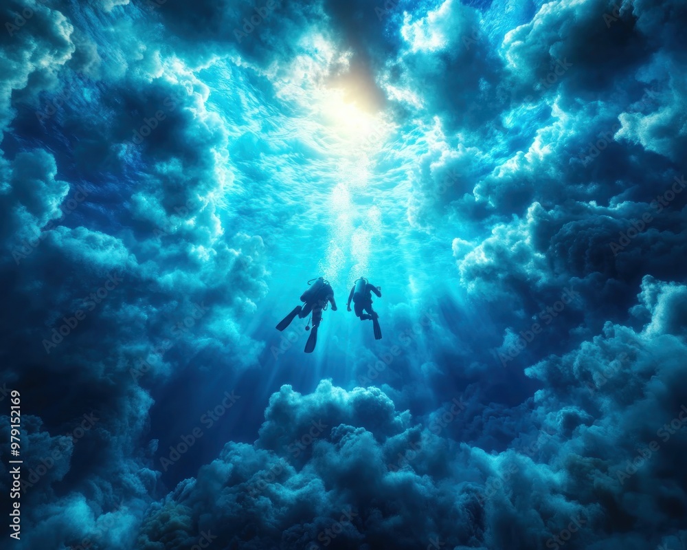 Scuba Divers Plunge into the Depths An Epic Underwater Adventure Pushing the Limits of Exploration Experience the Thrill of Descending into the Mysterious Ocean Depths with Expert Divers Navigating
