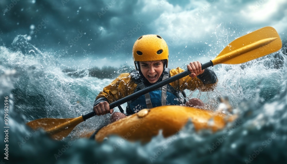 Fototapeta premium Thrilling Whitewater Rafting Adventure Kayaking Through Powerful Rapids with Determination and Skill Experience the Excitement of Conquering Fast-Moving Currents, Navigate Challenging Waterfalls, and