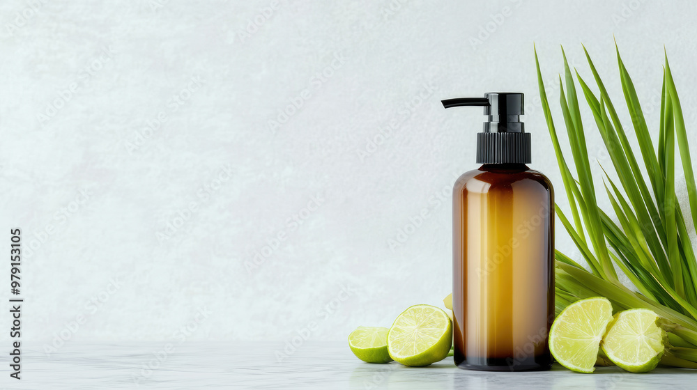 High-resolution product photography showcasing a minimalist pump bottle of liquid soap with fresh lemongrass and lime, perfect for clean and modern aesthetics. High-resolution product photography showcasing a minimalist pump bottle of liquid soap with fresh lemongrass and lime, perfect for clean and modern aesthetics.