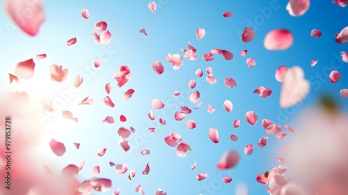 Pink Flower Petals Falling Against a Blue Sky