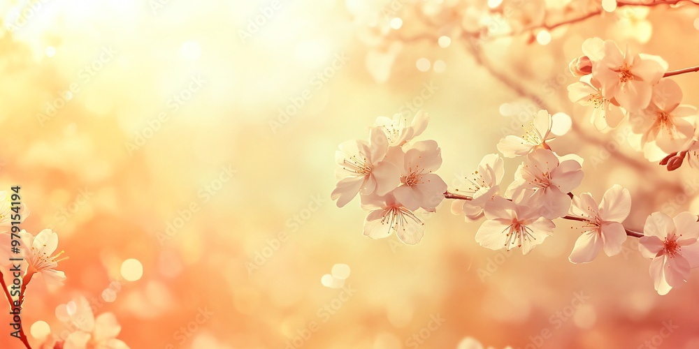 Soft focus, delicate pink blossoms of cherry tree flowers in a warm sunset light. Soft focus, delicate pink blossoms of cherry tree flowers in a warm sunset light.
