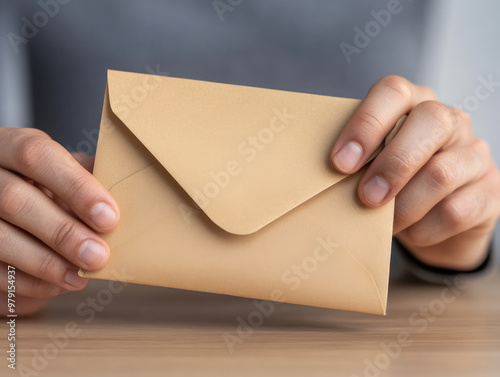 Close-up image of a hand sealing an envelope with a mail-in ballot, showcasing the voting process from home for secure elections. photo