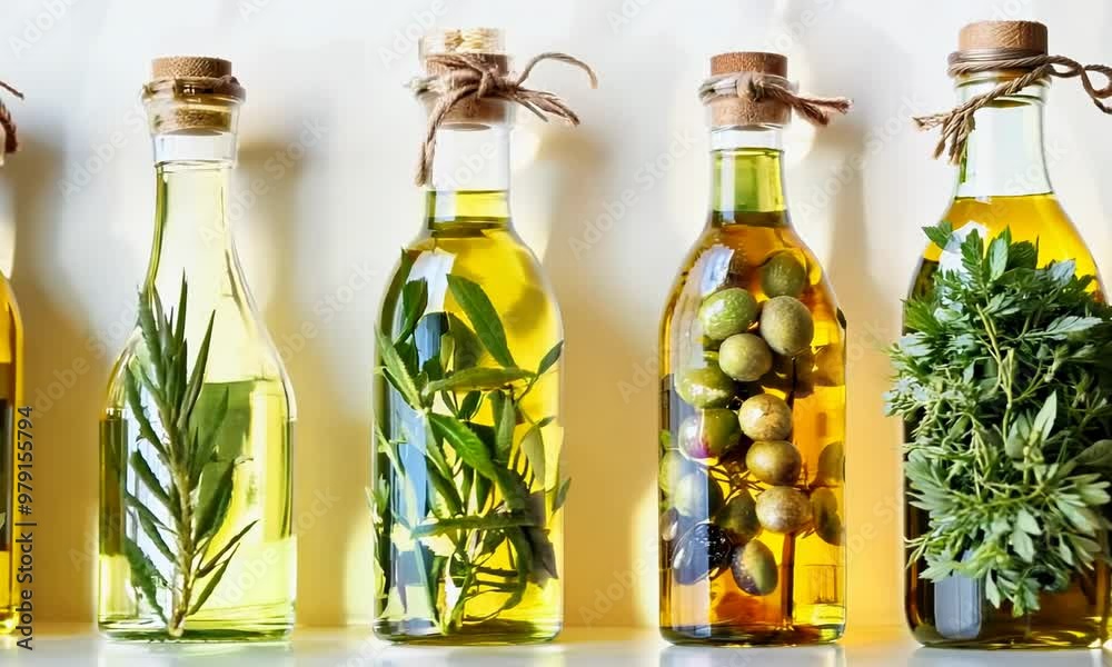 Set of gourmet olive oils in bottles on white background, Video