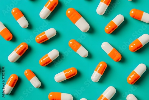 Colorful capsules scattered on a teal background. photo