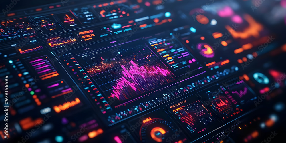 3D Illustration - Digital Data Analysis Charts, Graphs, and Metrics on a Futuristic Dashboard 3D Illustration - Digital Data Analysis Charts, Graphs, and Metrics on a Futuristic Dashboard