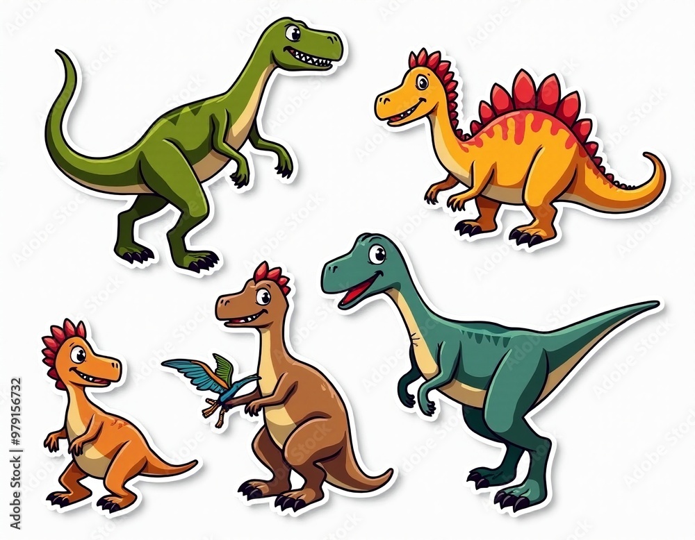 Naklejka premium 90s Retro Dinosaur Stickers: Vintage Vector Doodle Pack of T-Rex, Pterodactyl, Velociraptor, Pteranodon, and Pterosaur