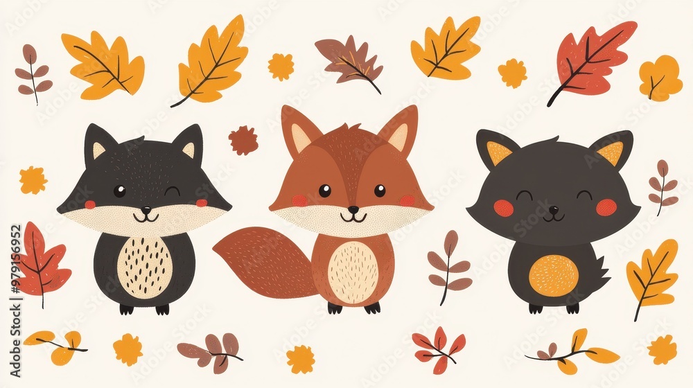 Obraz premium Cute Cartoon Animals in Autumn Forest with Fall Leaves Illustration