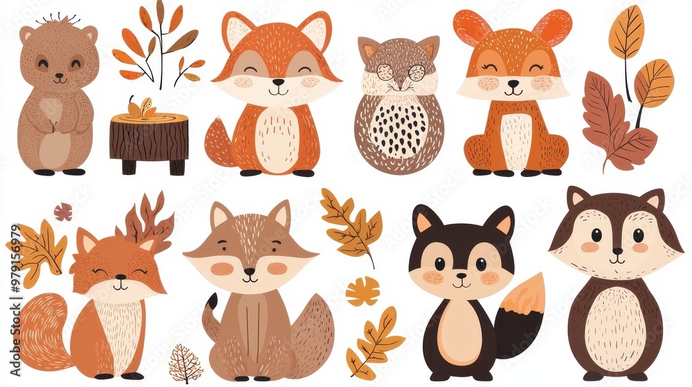 Fototapeta premium Cute Cartoon Forest Animals Set with Fall Leaves