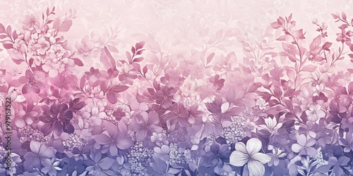 Soft pastel floral background with purple and pink flowers and leaves.