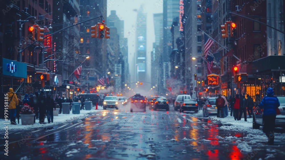 Obraz premium Snowy Day in the City - A View Down a Busy Street