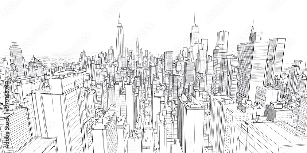 Obraz premium Creative Wireframe Drawing of Live Abstract High Skyscrapers Exterior for Innovative Architectural Design and Urban Visualization