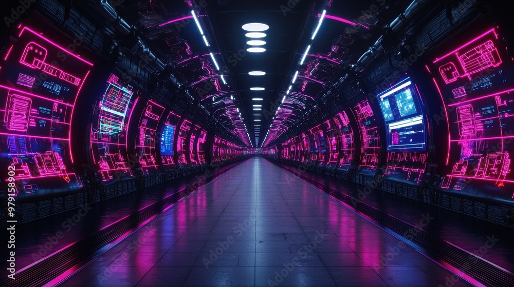 Futuristic Neon Tunnel with Screens and Lights