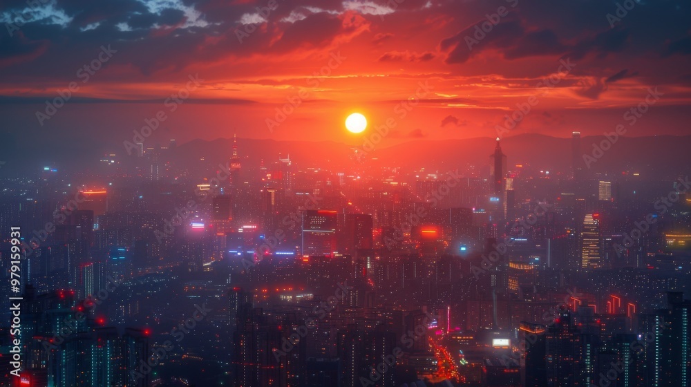 Obraz premium Cityscape at Sunset with a Red Sky and Hazy Atmosphere