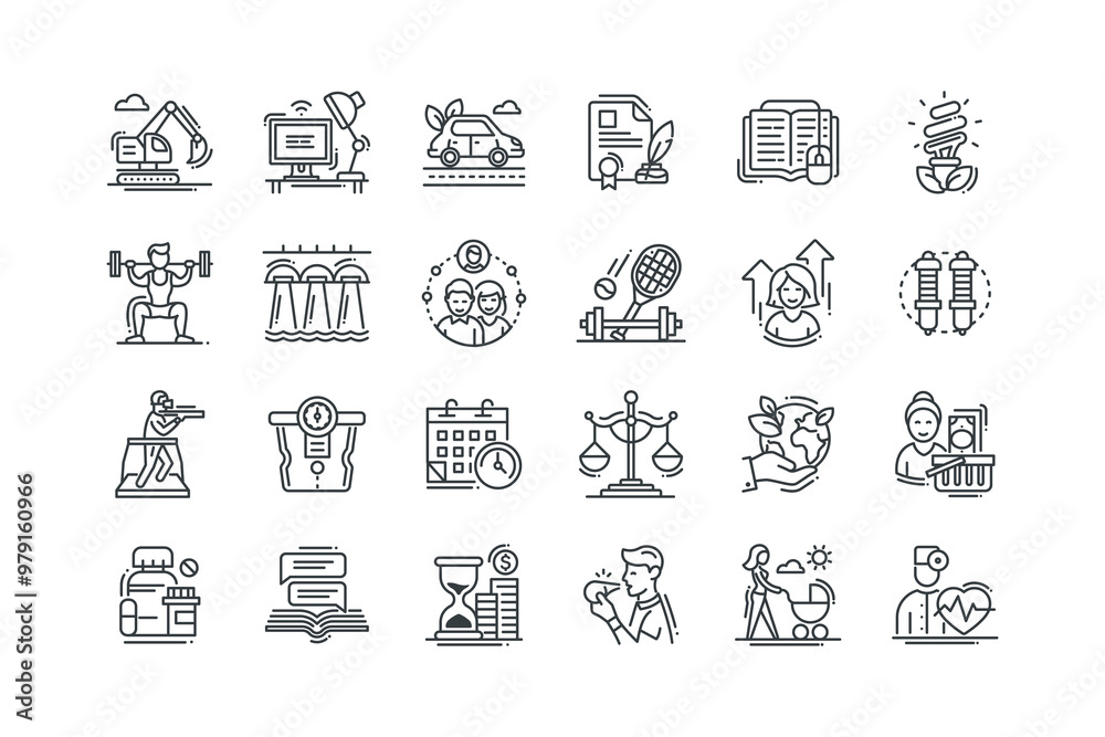 Bonds, E-books, Energy saving, Excavator, set of icons for web design, vector illustration Bonds, E-books, Energy saving, Excavator, set of icons for web design, vector illustration