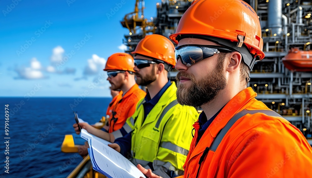 Engineers working on an offshore oil platform with the ocean in the background, wearing protective gear and sunglasses, and inspecting documents. Engineers working on an offshore oil platform with the ocean in the background, wearing protective gear and sunglasses, and inspecting documents.