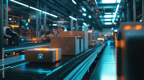 Automated Warehouse Conveyor Belt System at Night