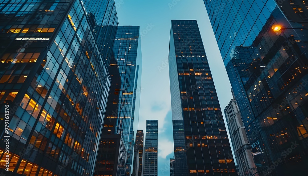 Fototapeta premium Skyscrapers in an Urban Setting with Illuminated Windows