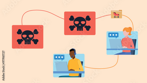 Tiles with employee avatars. Two tiles are infected with a virus. A folder with a trojan is sent to two more. Vector graphics in flat design style.