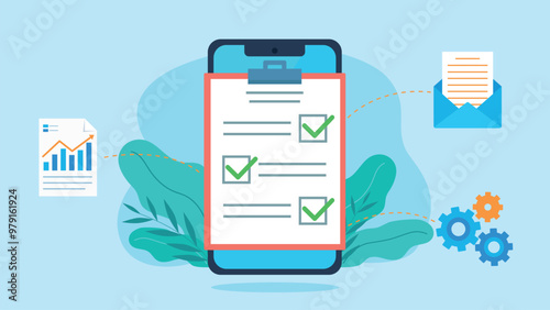 Notepad with checklist on phone screen. Each answer has icons of email, document with chart and gears. Each answer is marked correctly. Vector graphics in flat design style.