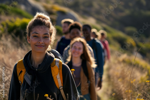 Friends hiking together on a scenic route photo