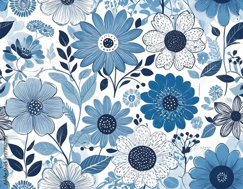 Scandinavian Shades of blue flowers Pattern. Nordic ornament for print, textile, wrapping paper