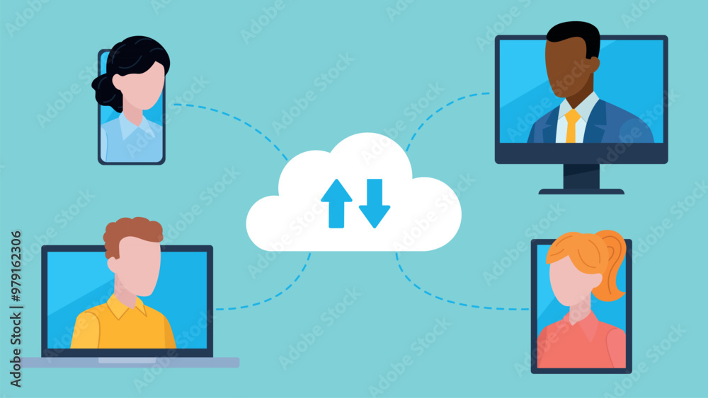 Employee video conference on different devices. 4 avatars of work colleagues. Two women and a court of men. Connection via a cloud server. Vector graphics in flat design style. Employee video conference on different devices. 4 avatars of work colleagues. Two women and a court of men. Connection via a cloud server. Vector graphics in flat design style.