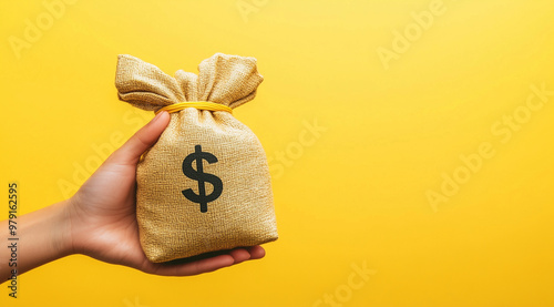 Hand holding a money bag with a dollar sign on a yellow background, in a flat lay composition, with copy space. This concept represents business success and concerns about a lack o photo