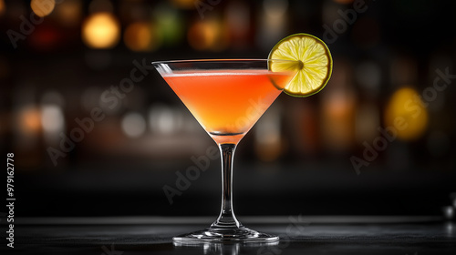 Coral-colored cosmopolitan cocktail in a martini glass, garnished with a lime wedge and a cherry, on a dark background with other cocktails out of focus, in a luxurious bar setting